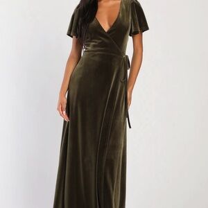 Lulus Olive Green Velvet Wrap Maxi Dress (Memorable Romance) - Size Small